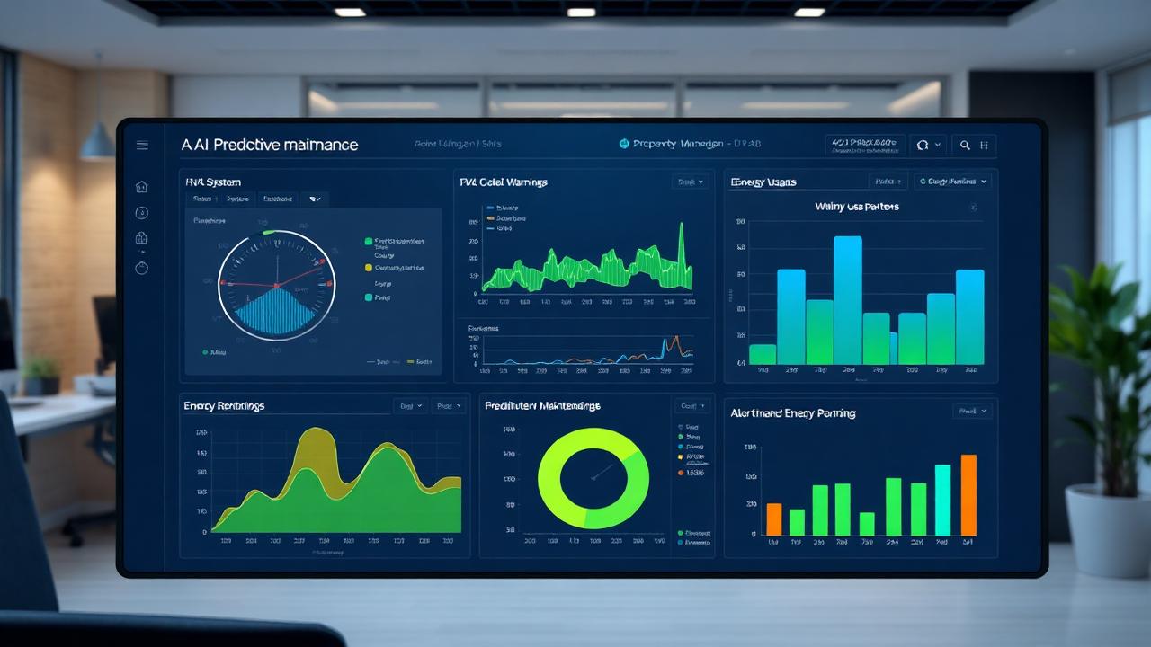 AI analytics dashboard showing predictive maintenance alerts and building performance metrics
