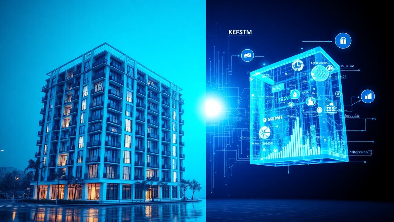Digital twin visualization showing real building and its virtual holographic twin with data analytics