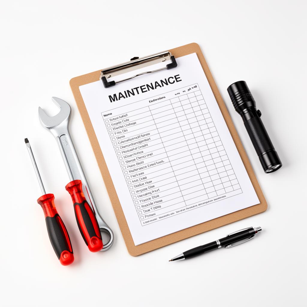 Maintenance checklist clipboard with tools on table