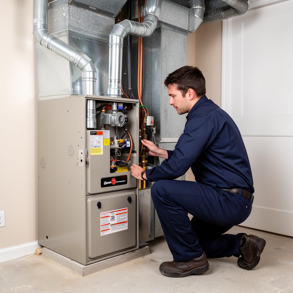HVAC technician inspecting furnace in residential rental home