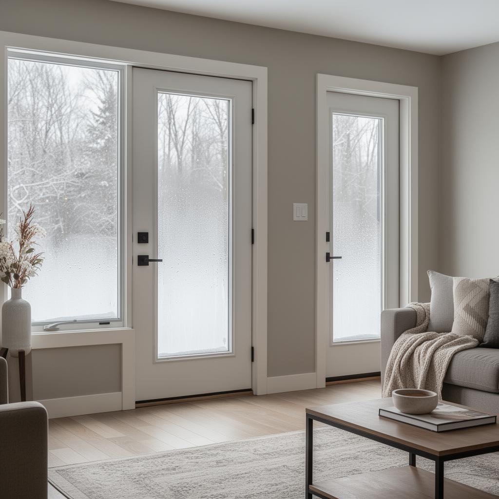 Interior of rental home showing windows with winter light and condensation