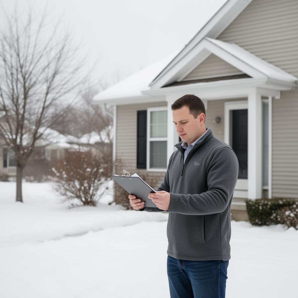 Property manager inspecting rental property exterior during winter