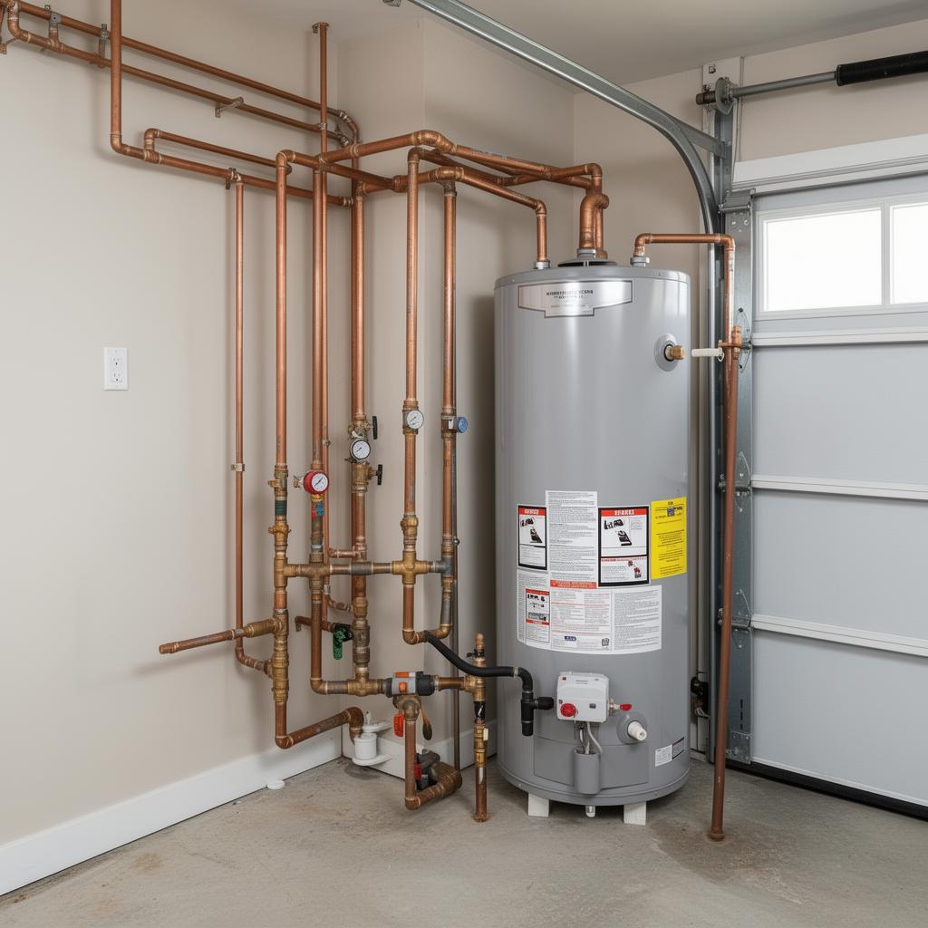 Residential water heater and plumbing lines in utility room