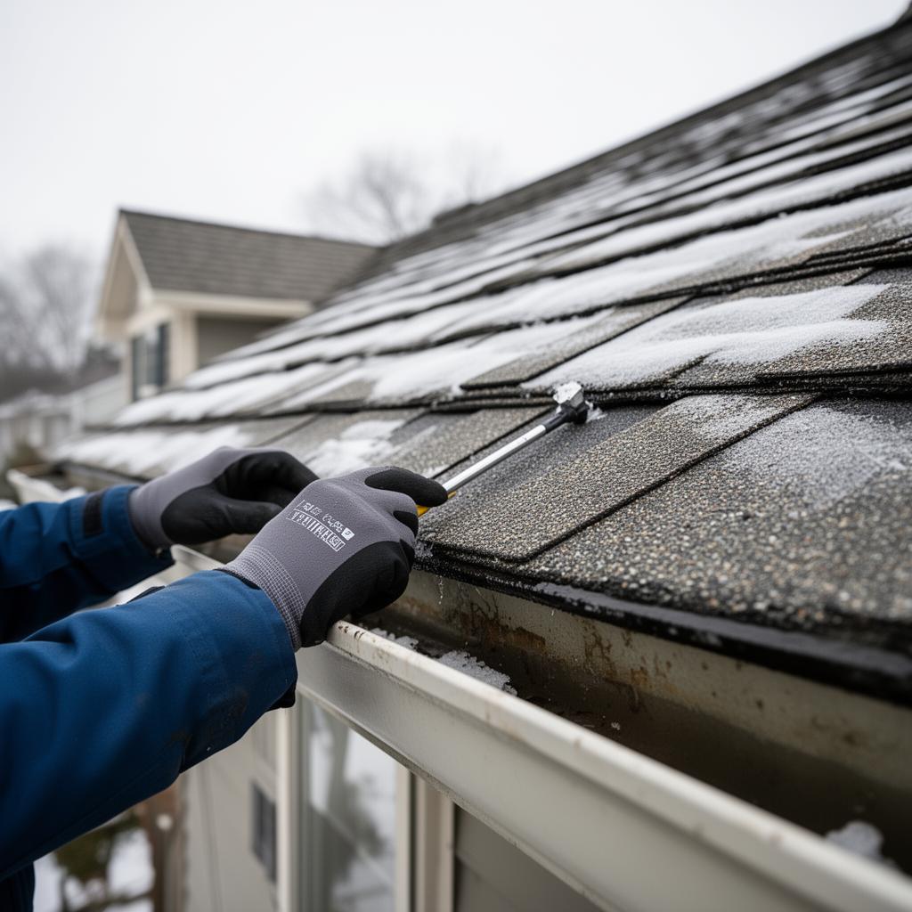 Close-up of residential roof and gutter inspection in winter