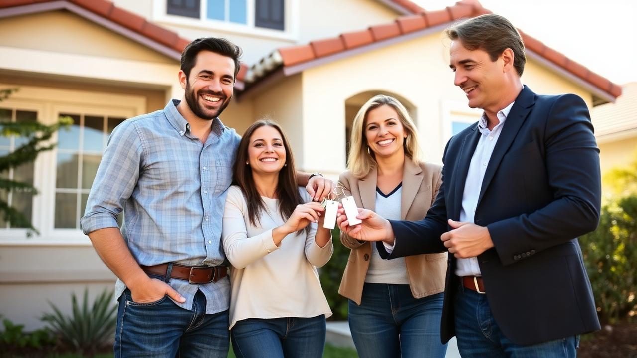 Happy family receiving house keys from agent