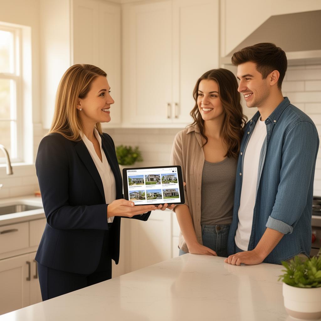 Real estate agent showing property listings to a couple