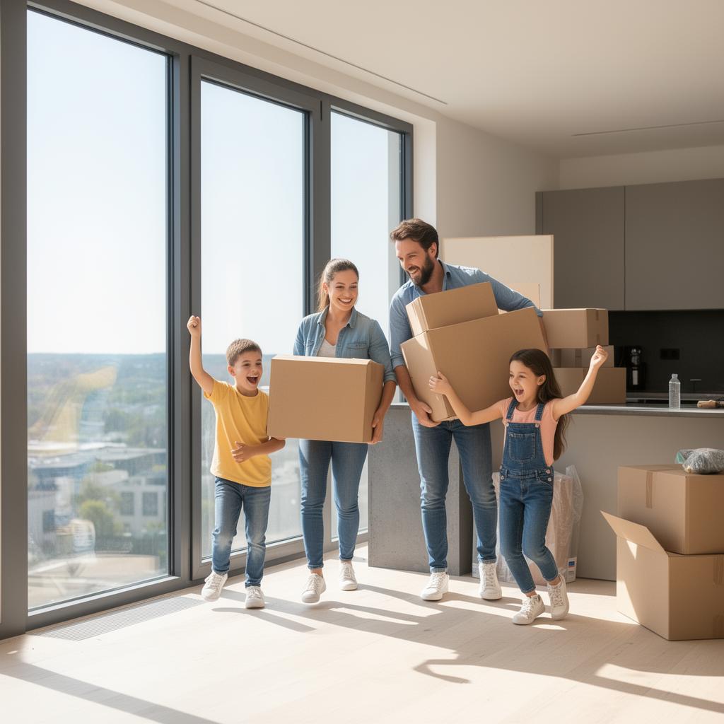 Happy family moving into their new rental home