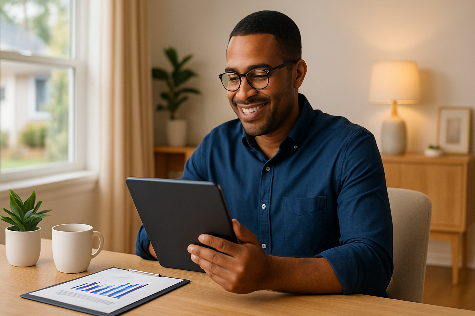 Property manager using tablet for real estate management